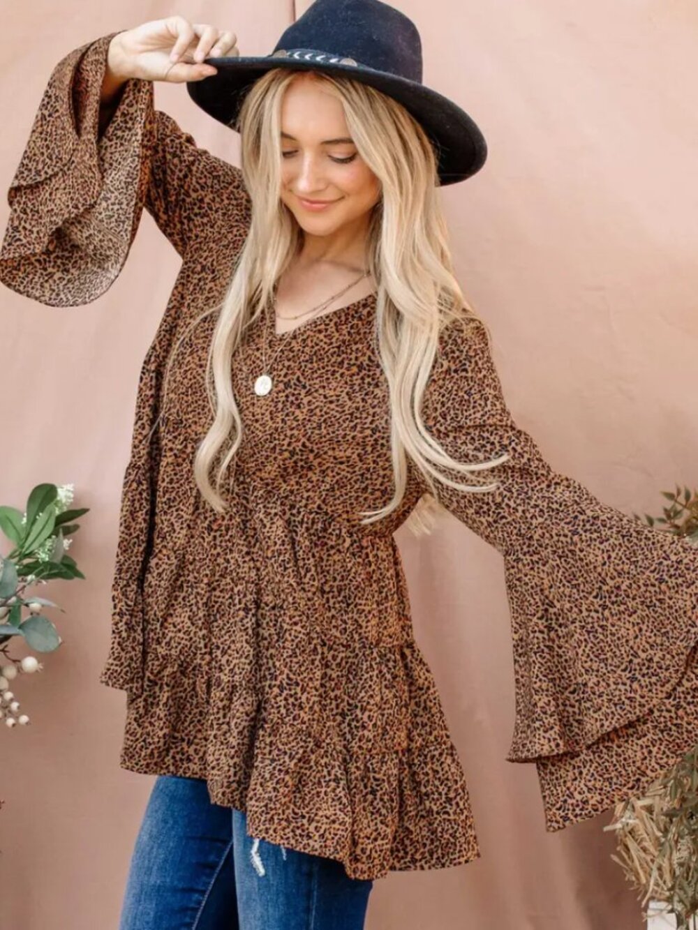 Double Bell Sleeves Leopard Print Top